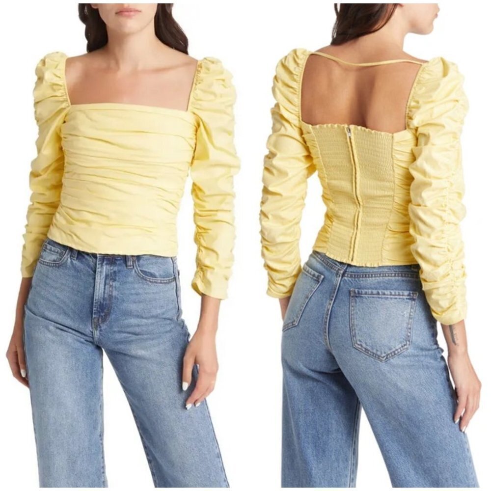 💕REFORMATION💕 Joi Ruched Stretch Organic Cotton Top ~ Zest Yellow 2 NWT